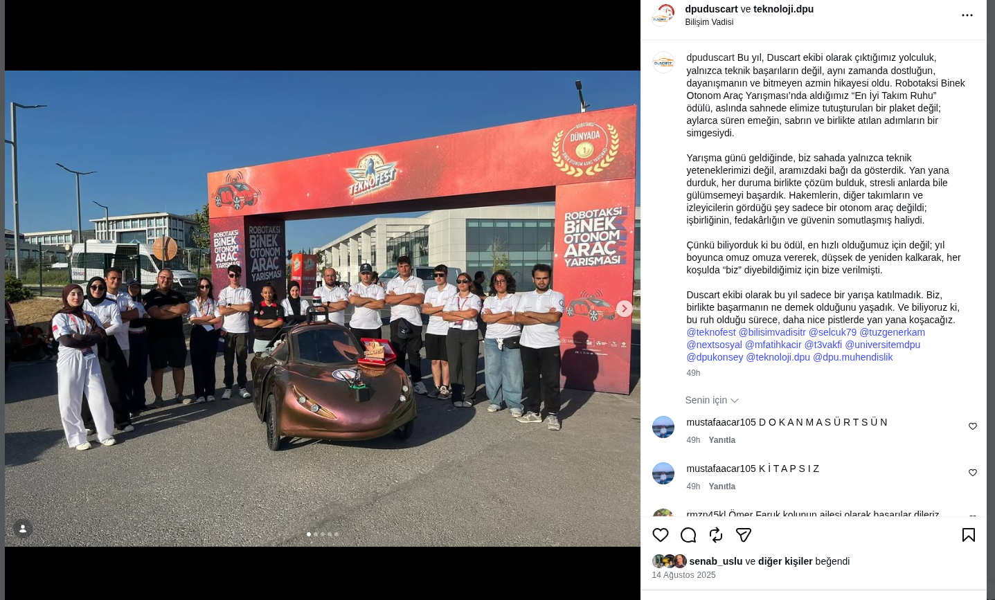 TEKNOFEST 2025 Robotaksi yarış alanında DUSCART 2025OTONOM aracı ve takım üyeleri